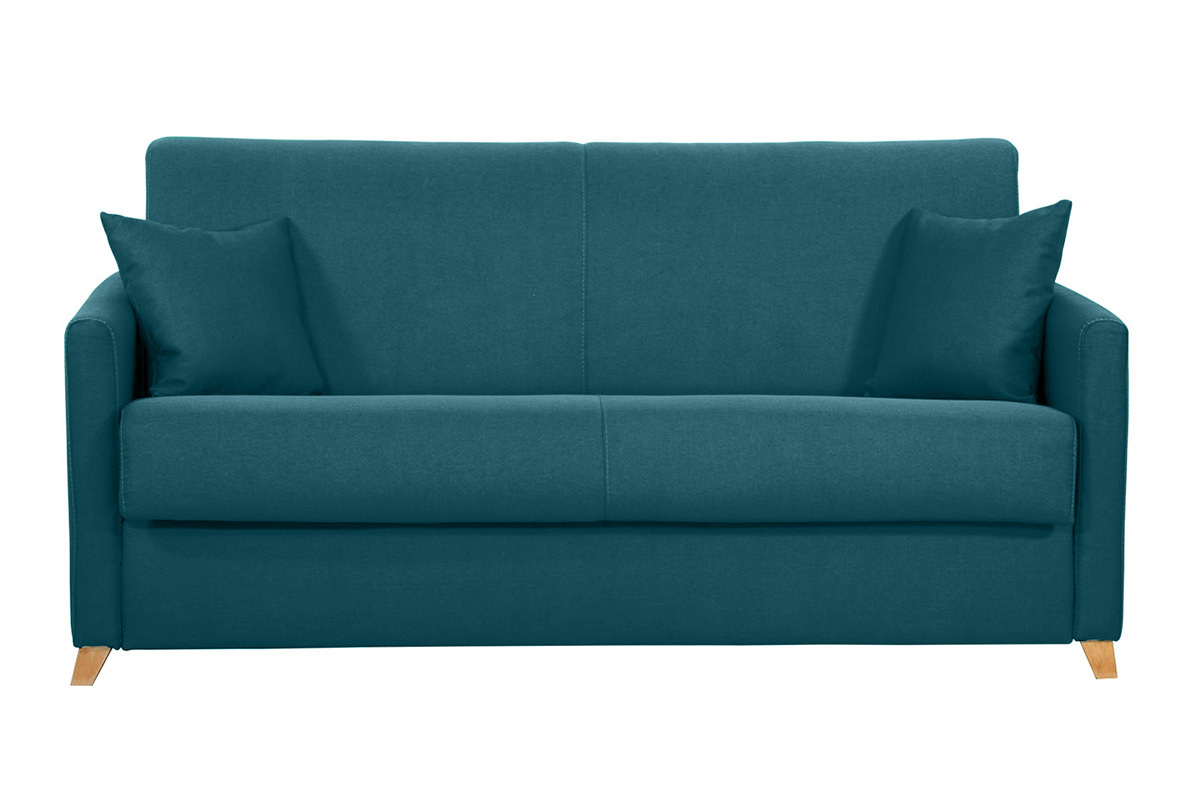 Canap� convertible 3 places bleu canard, bois clair, vue de face.