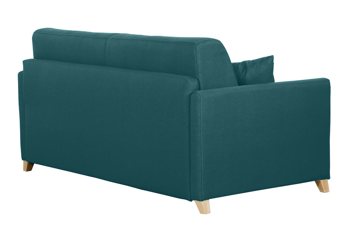 Canap� convertible bleu canard avec accoudoirs et pieds en bois clair, vue de dos.