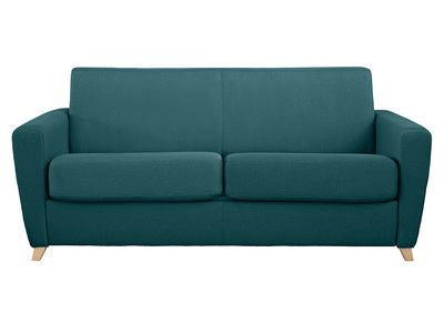 Canap&eacute; convertible 3 places en tissu bleu canard et bois clair avec matelas L140 cm 13 cm GRAHAM