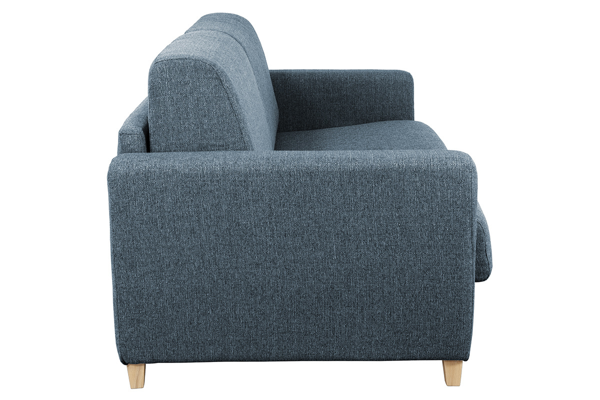 Canap� convertible 3 places en tissu bleu et bois clair avec matelas L140 cm 12 cm GRAHAM