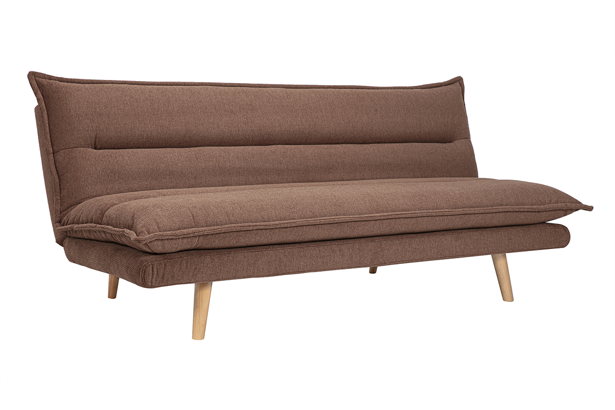 Canap� convertible 3 places en tissu velours terre br�l�e et pieds en bois clair, vue de 3/4.