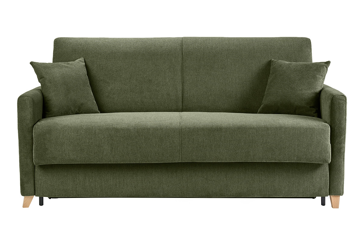 Canap� convertible 3 places en tissu chenille vert fonc� avec coussins, vue de face.
