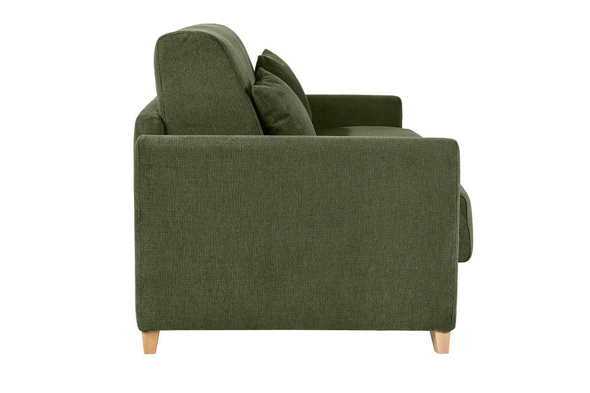 Canap� convertible 3 places en tissu chenille vert fonc�, vue de profil avec pieds en bois clair.