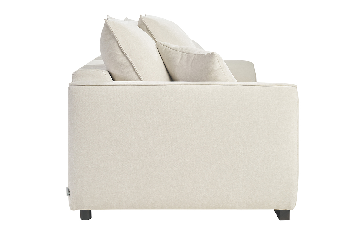 Canap� convertible beige en tissu effet velours, vue de c�t�, pieds noirs.