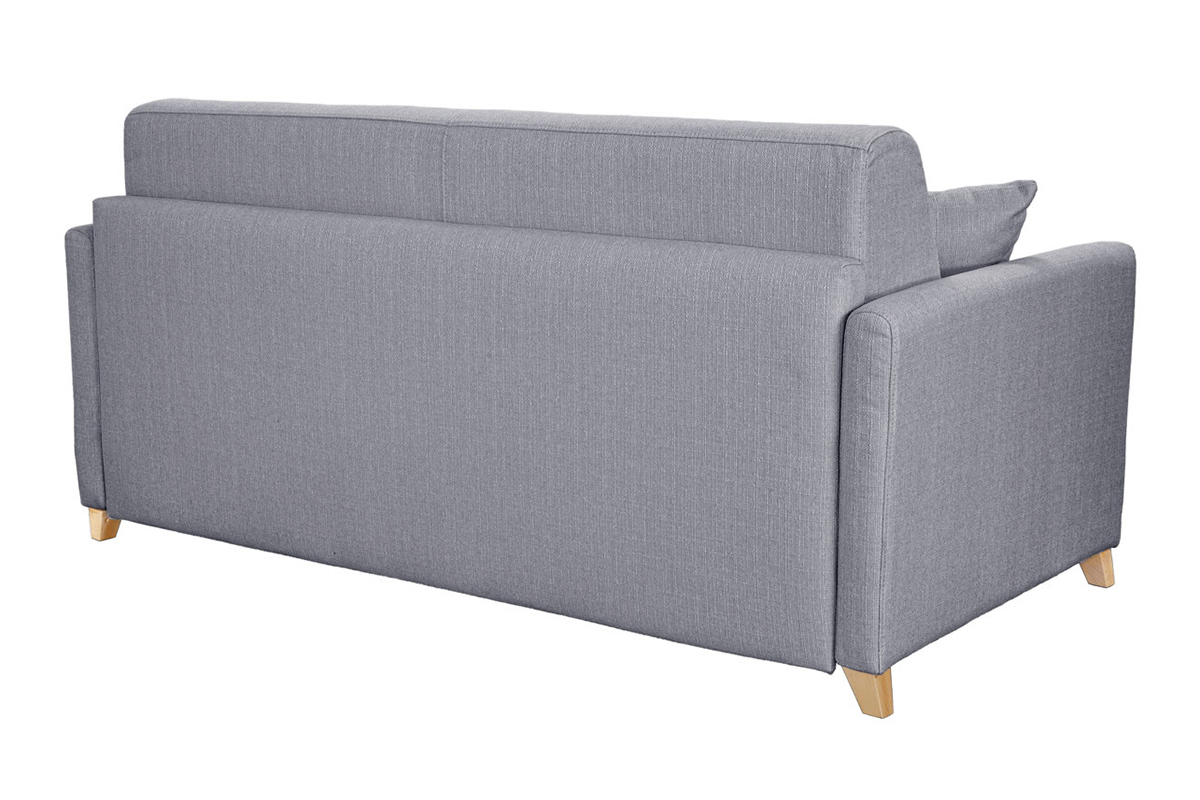 Canap� convertible 3 places en tissu gris clair et bois clair avec matelas 13 cm SKANDY