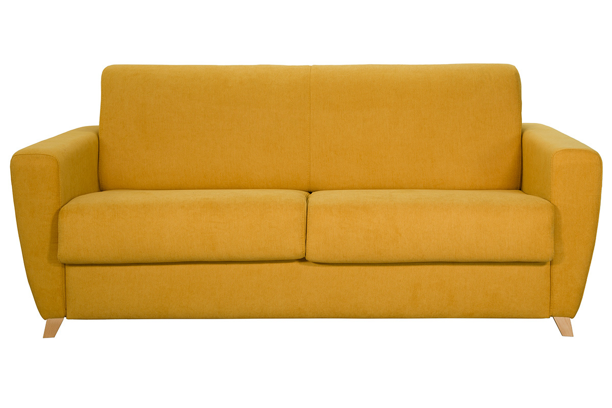 Canap� convertible 3 places jaune moutarde en tissu, vue de face, sur pieds en bois clair.