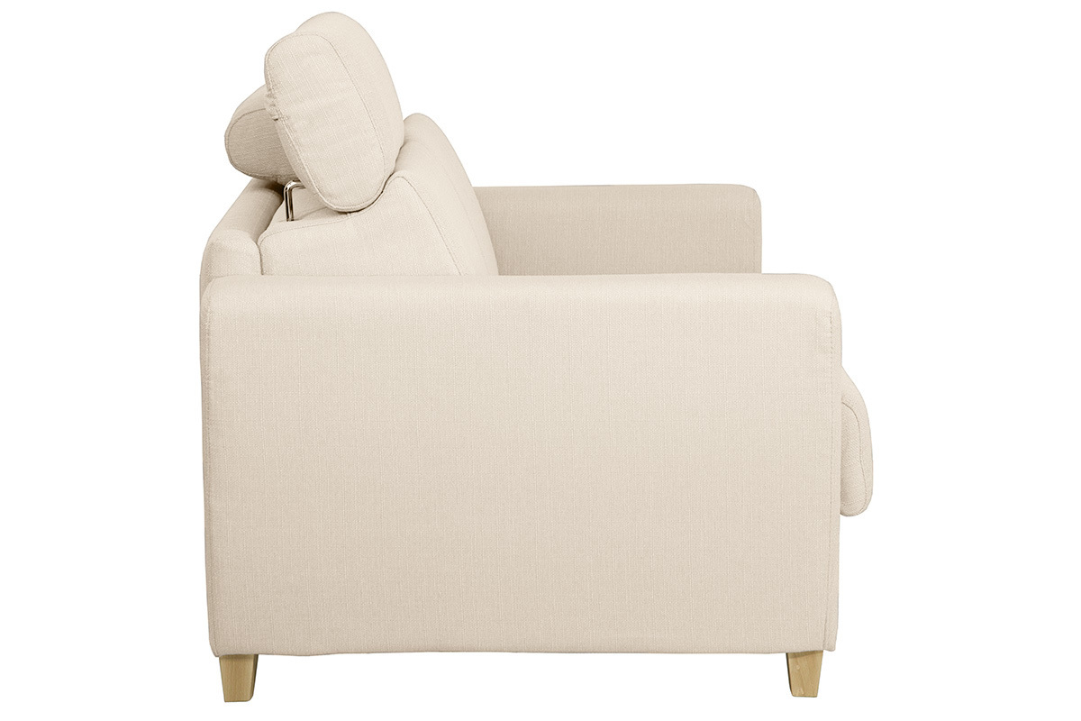 Canap� 3 places beige, t�ti�res ajustables, vue de c�t�.