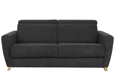 Canap&eacute; convertible avec t&ecirc;ti&egrave;res ajustables 3 places en tissu effet velours gris anthracite et bois clair avec matelas 13 cm GOYA
