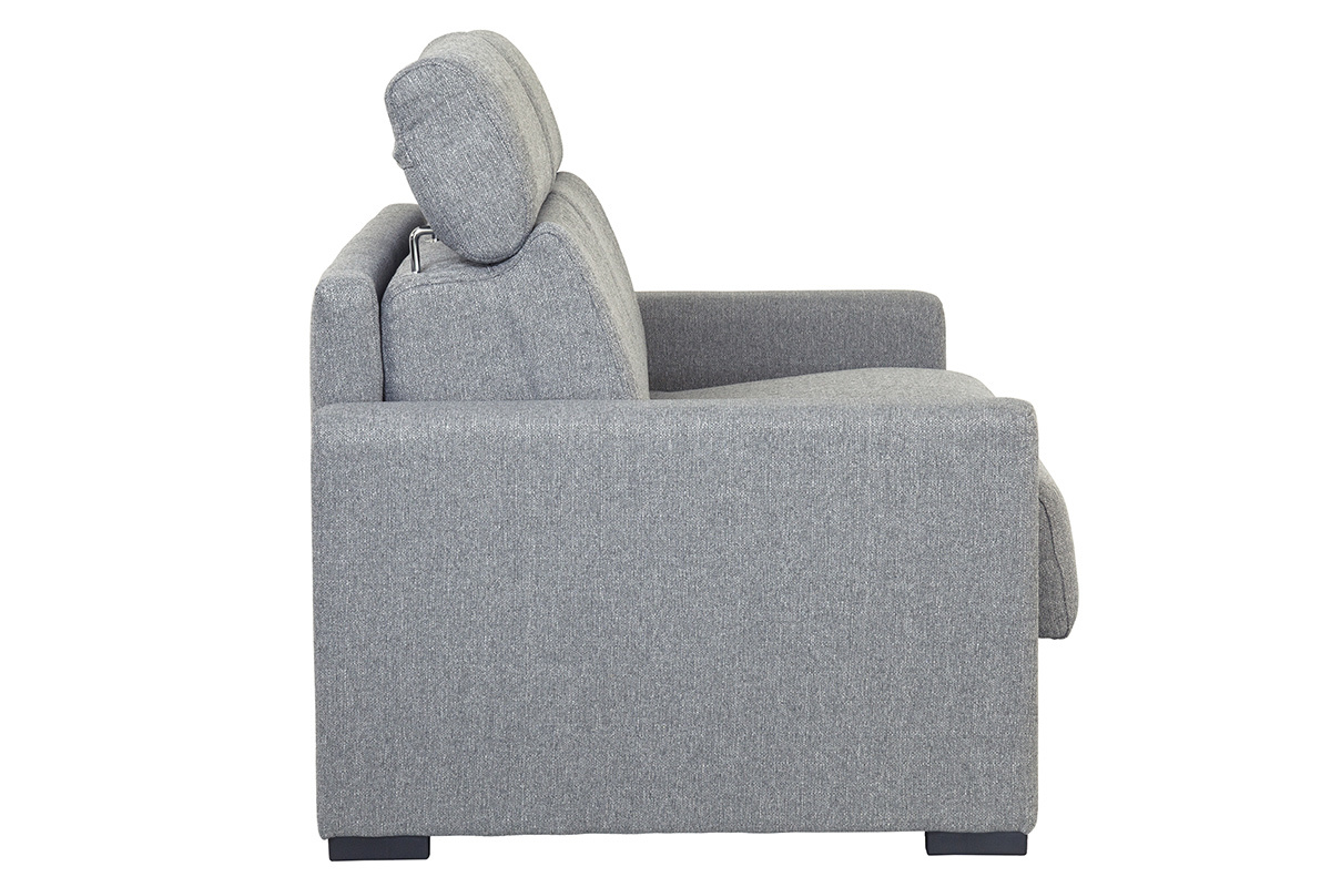 Canap� convertible 3 places gris clair avec t�ti�res ajustables, vue de profil.