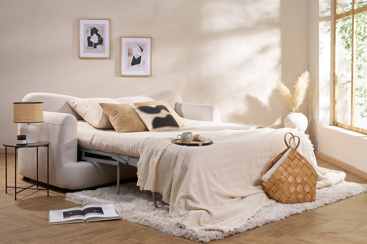 Canap� convertible d�houssable 3-4 places design haricot en tissu effet velours beige clair SACHA