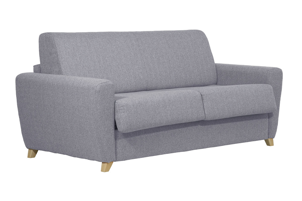 Canap� convertible GRAHAM en tissu gris clair avec pi�tement en bois clair, vue de 3/4.