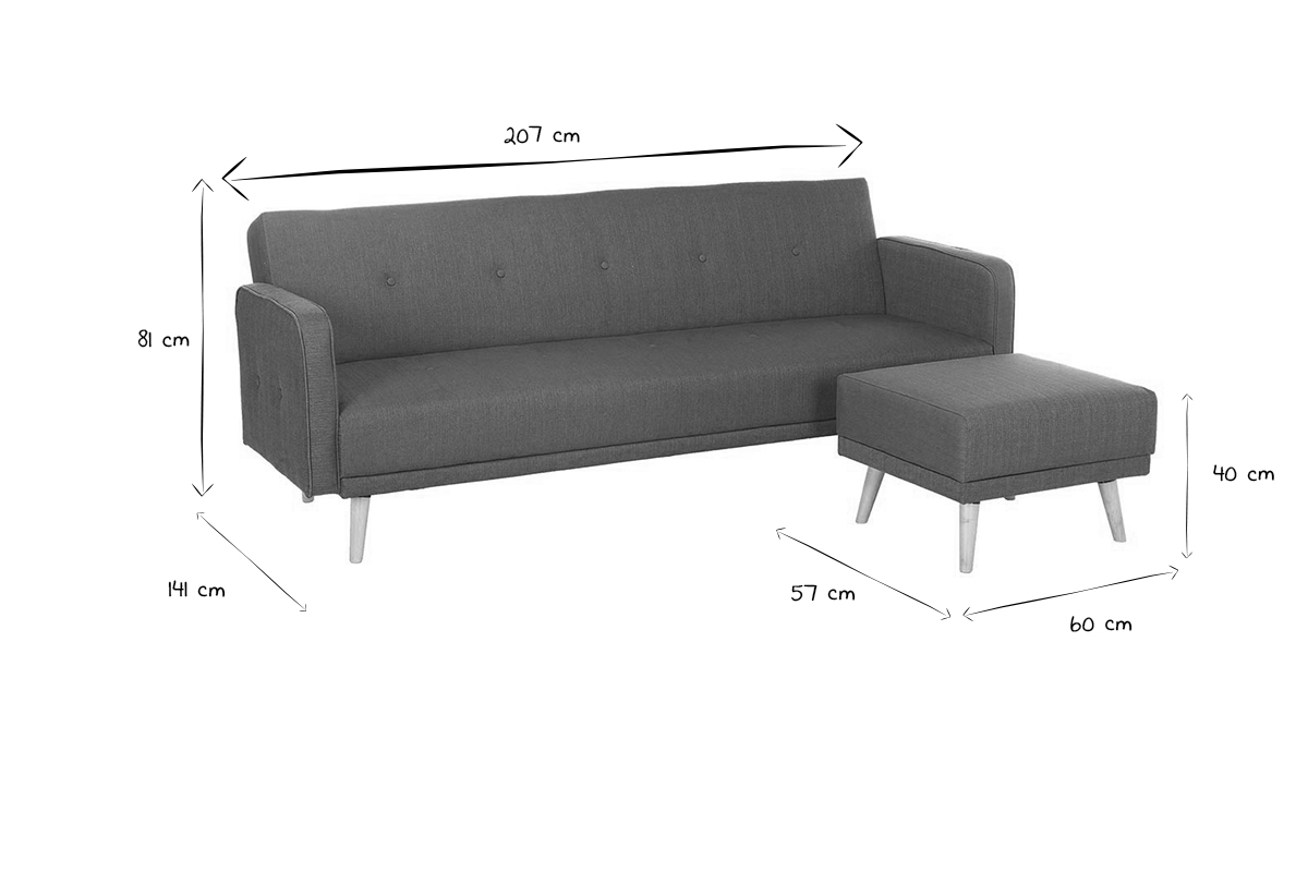 Canap� convertible scandinave 3 places avec repose-pieds en tissu bleu canard et bois clair ULLA