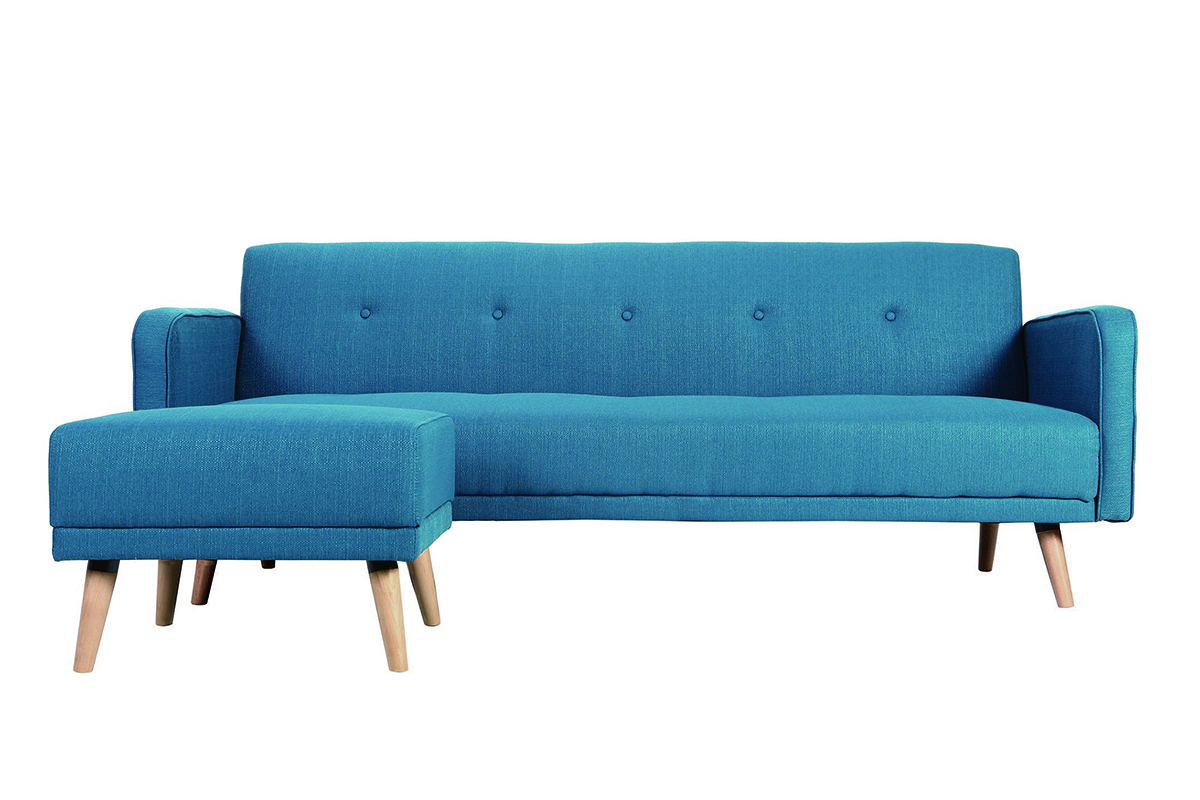 Canap� convertible scandinave 3 places avec repose-pieds en tissu bleu canard et bois clair ULLA