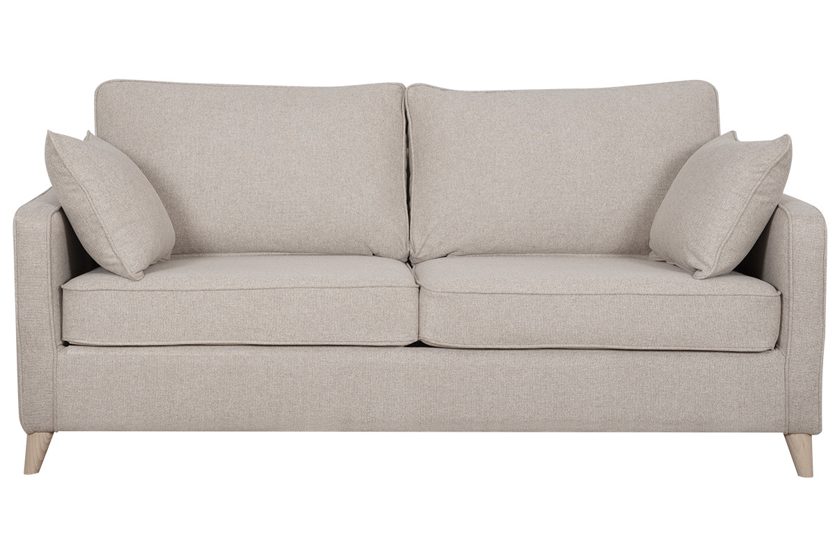 Canap� convertible scandinave 3 places en tissu beige et bois clair avec matelas 10 cm PAPEL