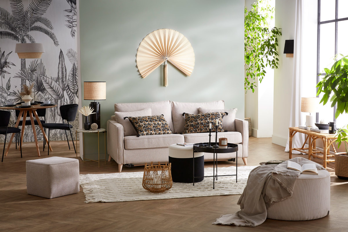 Canap� convertible scandinave 3 places en tissu beige et bois clair avec matelas 10 cm PAPEL