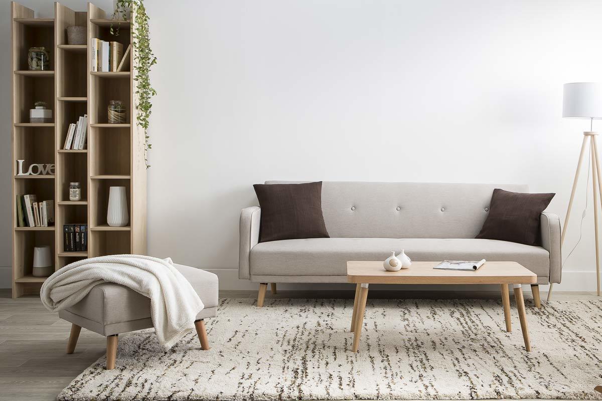Canap� convertible scandinave 3 places en tissu beige et bois clair ULLA