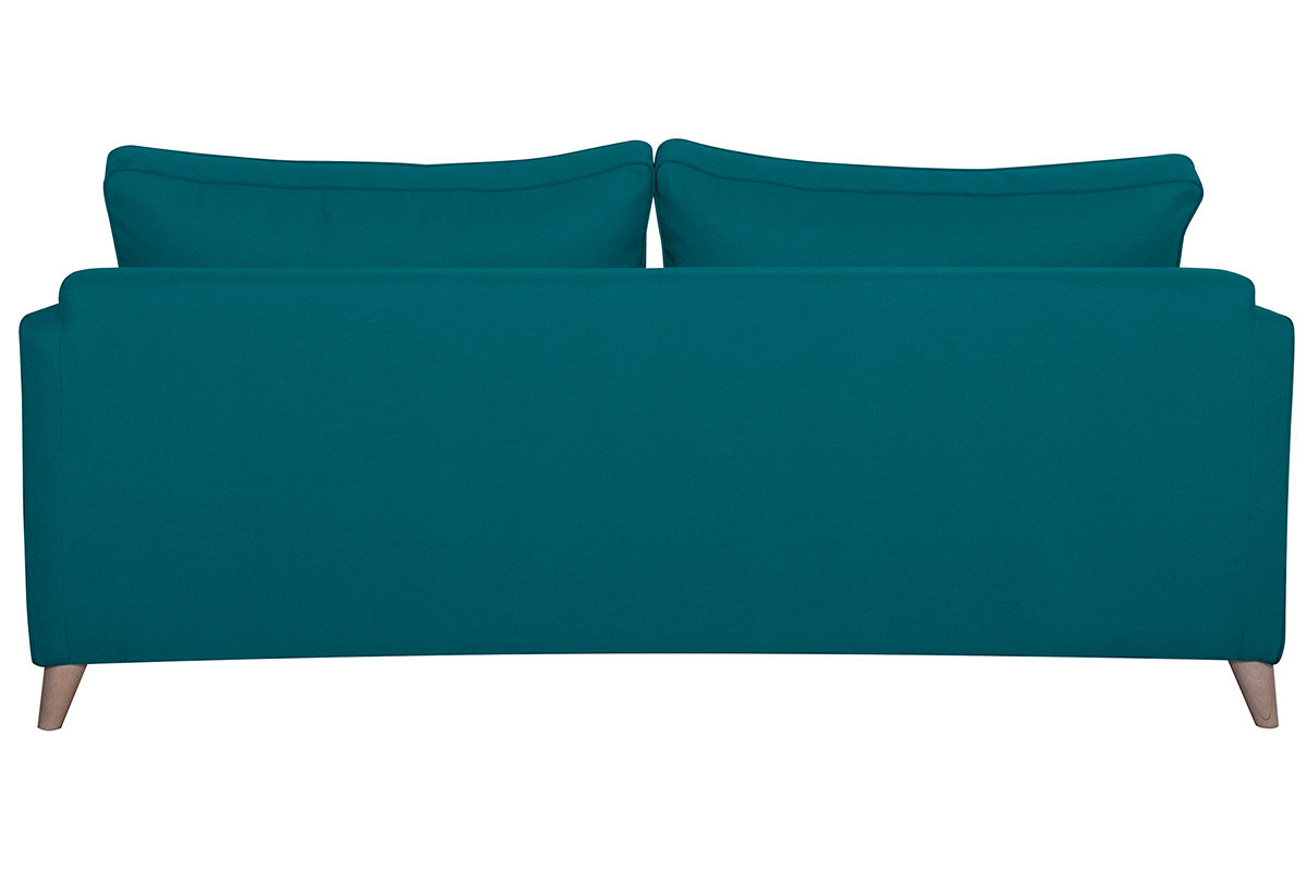 Canap� convertible bleu canard vu de dos avec pieds bois clair.