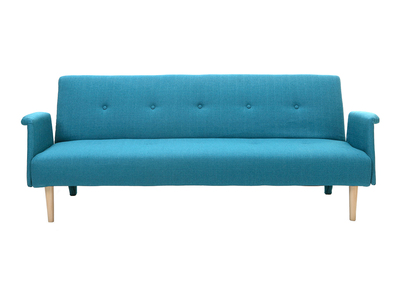 Canap&eacute; convertible scandinave 3 places en tissu bleu canard et bois clair OSCAR