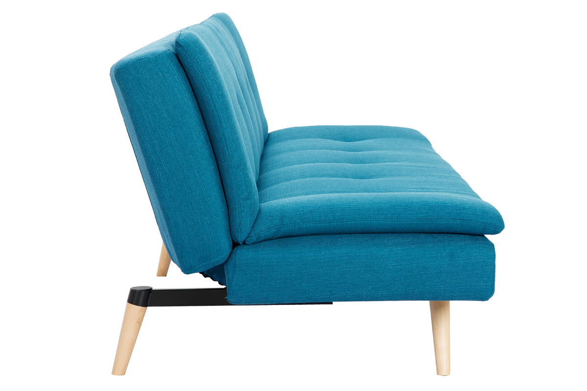 Canap� convertible scandinave 3 places en tissu bleu canard, vue de profil.