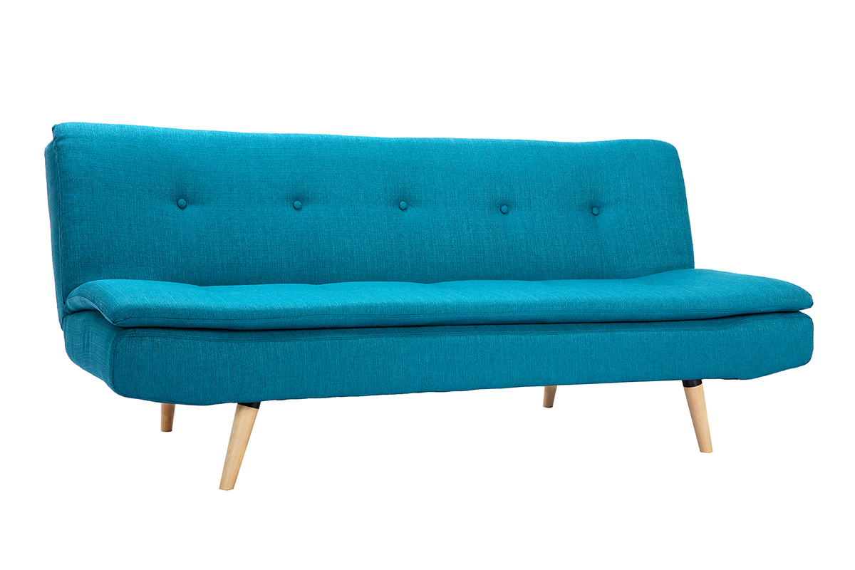 Canap� convertible scandinave 3 places bleu canard, ligne �pur�e avec pi�tement en bois clair