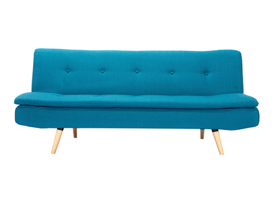 Canap&eacute; convertible scandinave 3 places en tissu bleu canard et bois clair SENSO