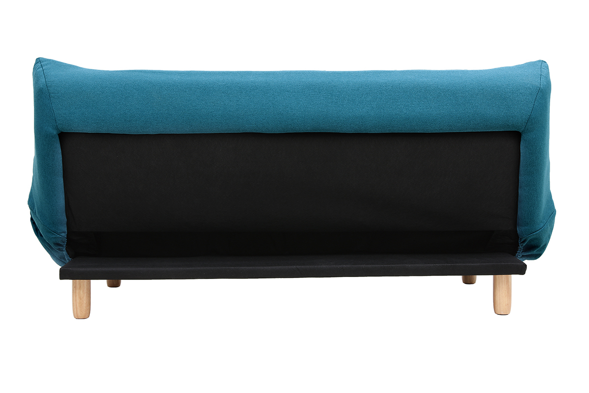 Dos du canap� convertible en tissu bleu canard et bois clair, pieds en ch�ne.