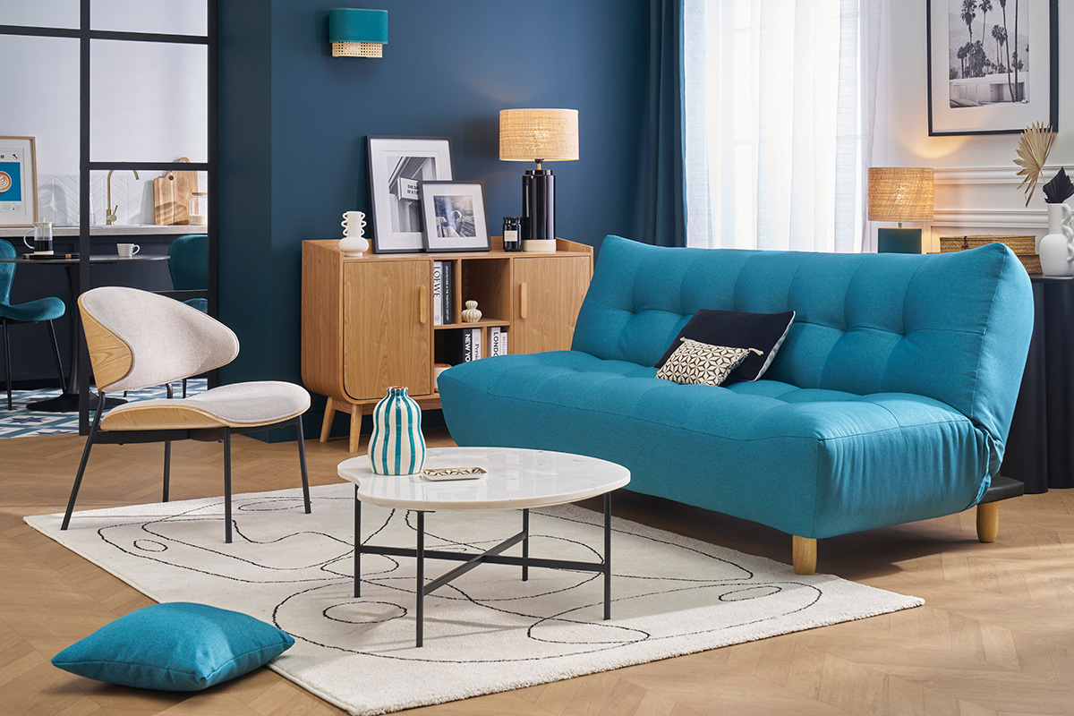 Canap� convertible scandinave bleu canard, 3 places, bois clair, salon moderne.