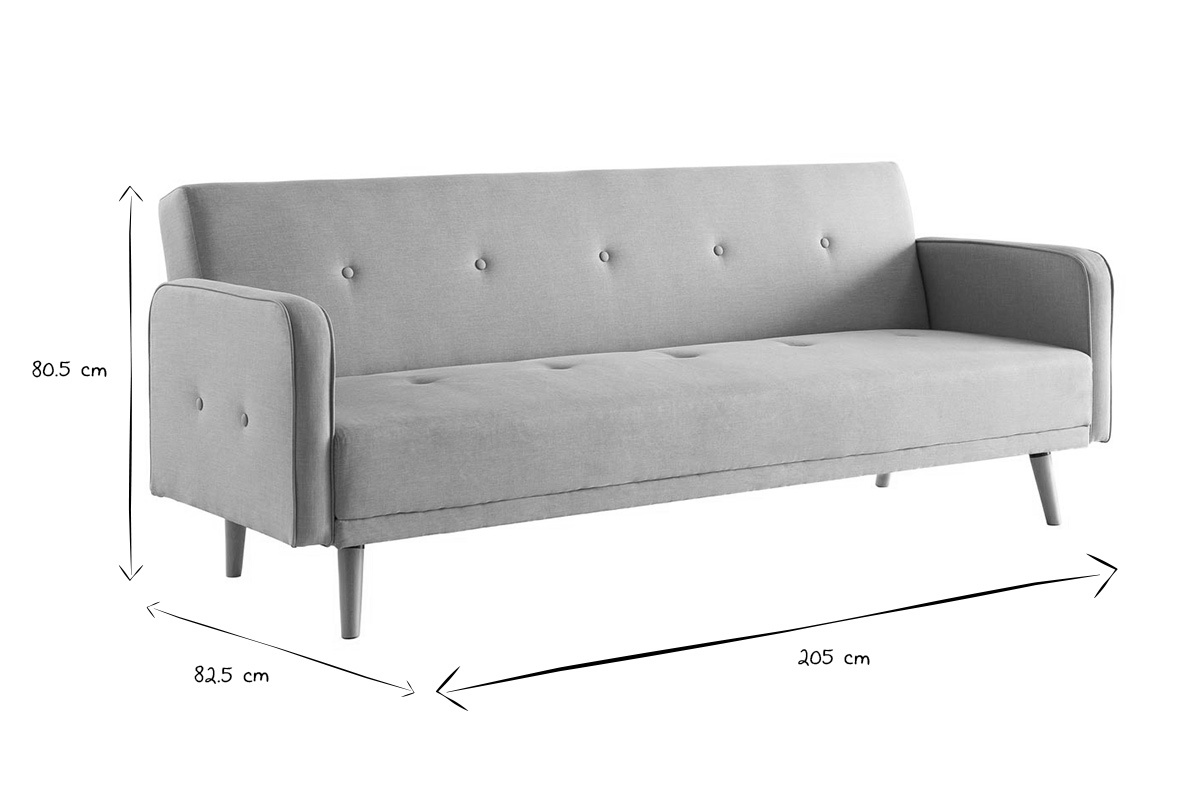Dimensions d'un canap� convertible, hauteur 80,5 cm, profondeur 82,5 cm, largeur 205 cm, en noir et blanc.