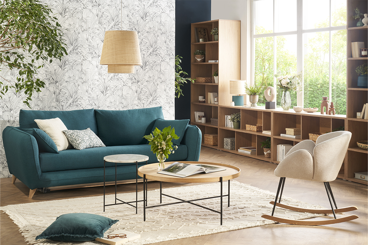 Canap� convertible scandinave 3 places en tissu bleu paon et bois clair avec matelas 10 cm CREEP