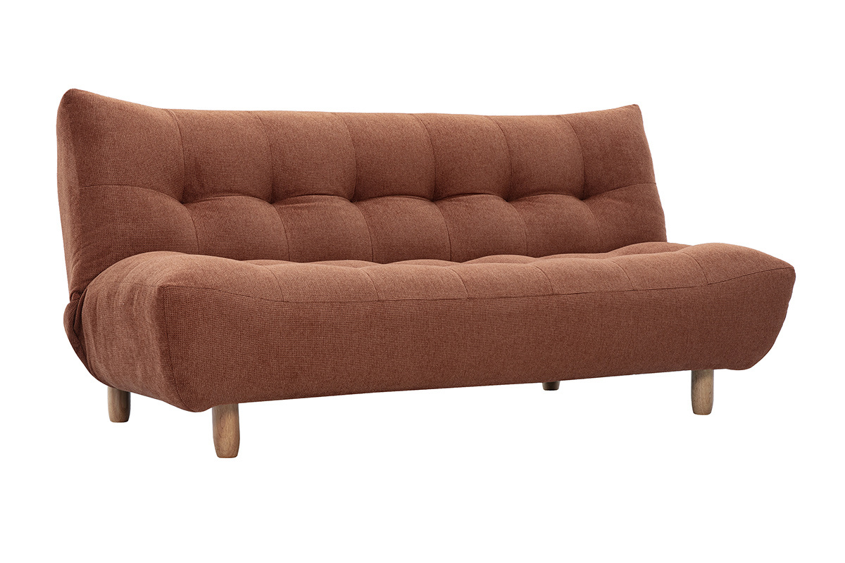 Canap� convertible 3 places, tissu chenille terre br�l�e, pieds en bois clair, vue de 3/4.