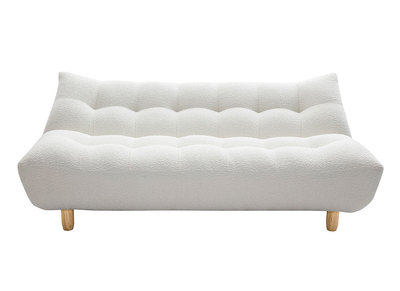 Canap&eacute; convertible scandinave 3 places en tissu effet laine boucl&eacute;e blanc et bois clair YUMI