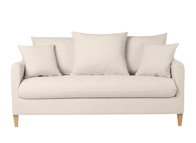 Canap&eacute; convertible scandinave 3 places en tissu effet velours beige et bois clair LOUISE