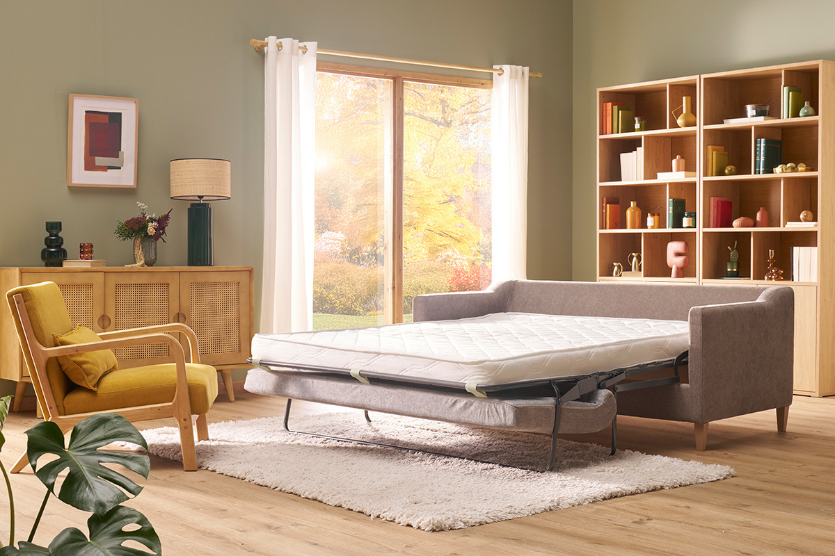 Canap� convertible scandinave 3 places en tissu effet velours taupe et bois clair LOUISE