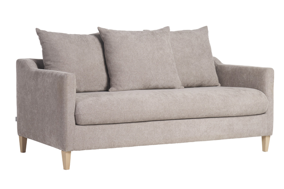 Canap� convertible scandinave 3 places en tissu effet velours taupe et bois clair LOUISE