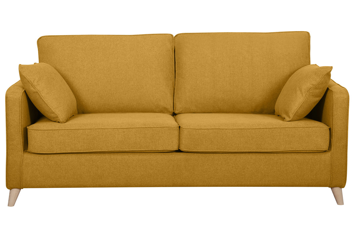 Canap� convertible scandinave 3 places en tissu jaune cumin et bois clair avec matelas 10 cm PAPEL