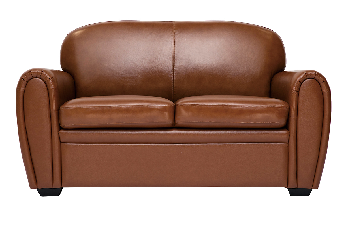 Canap� cuir vintage 2 places marron et bois noir CLUB