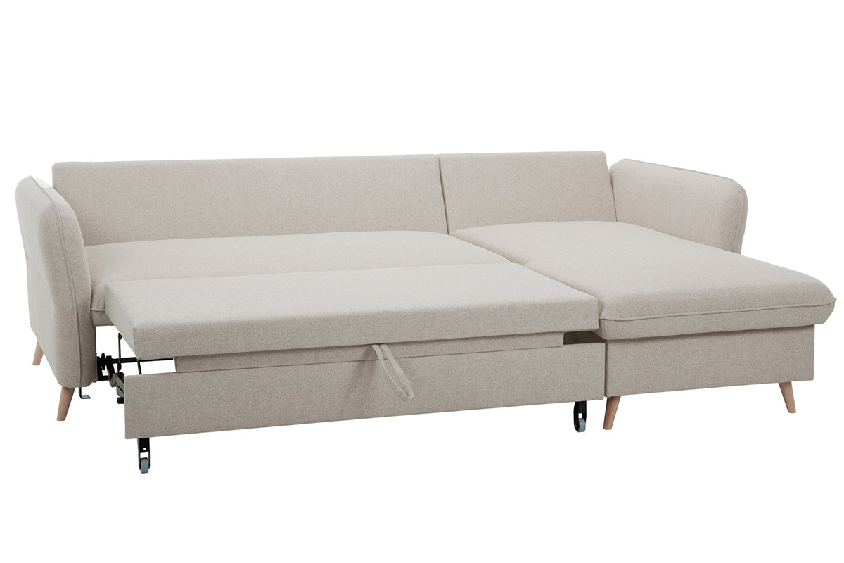 Canap� d'angle convertible r�versible avec coffre 3-4 places en tissu beige et bois clair DRISS