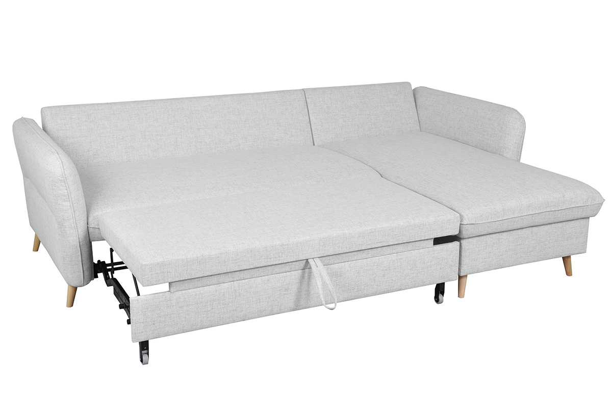 Canap� d'angle convertible r�versible avec coffre 3-4 places en tissu gris clair et bois clair DRISS