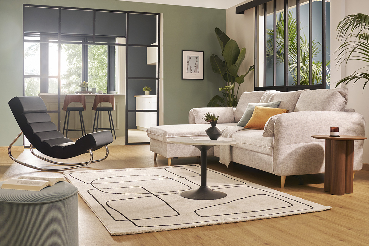 Canap� d'angle convertible r�versible avec coffre 3-4 places en tissu gris clair et bois clair DRISS