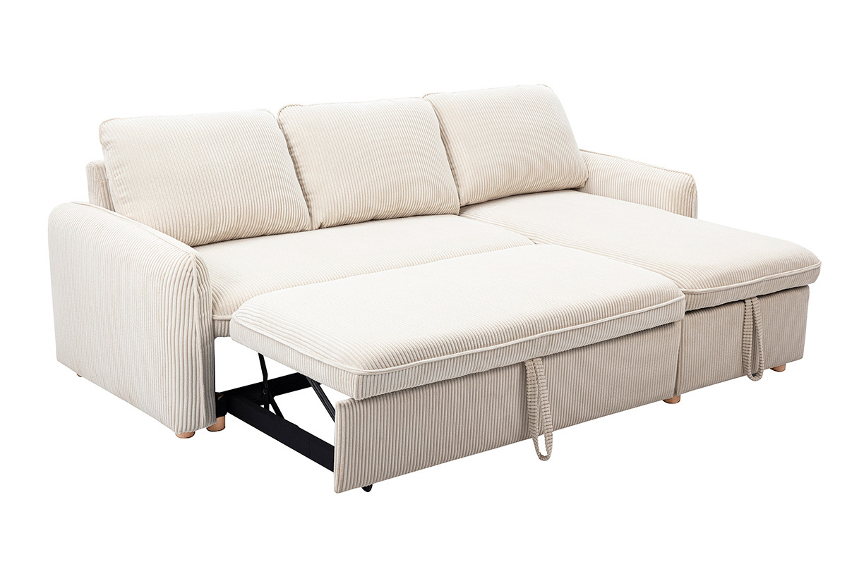 Canap� d'angle beige en velours c�tel� et bois, vue de face.