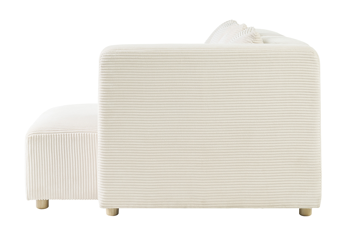 Canap� d'angle droit 3 places en tissu velours c�tel� beige et bois clair HARLEM