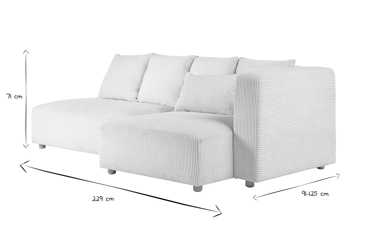 Canap� d'angle droit 3 places en tissu velours c�tel� beige et bois clair HARLEM