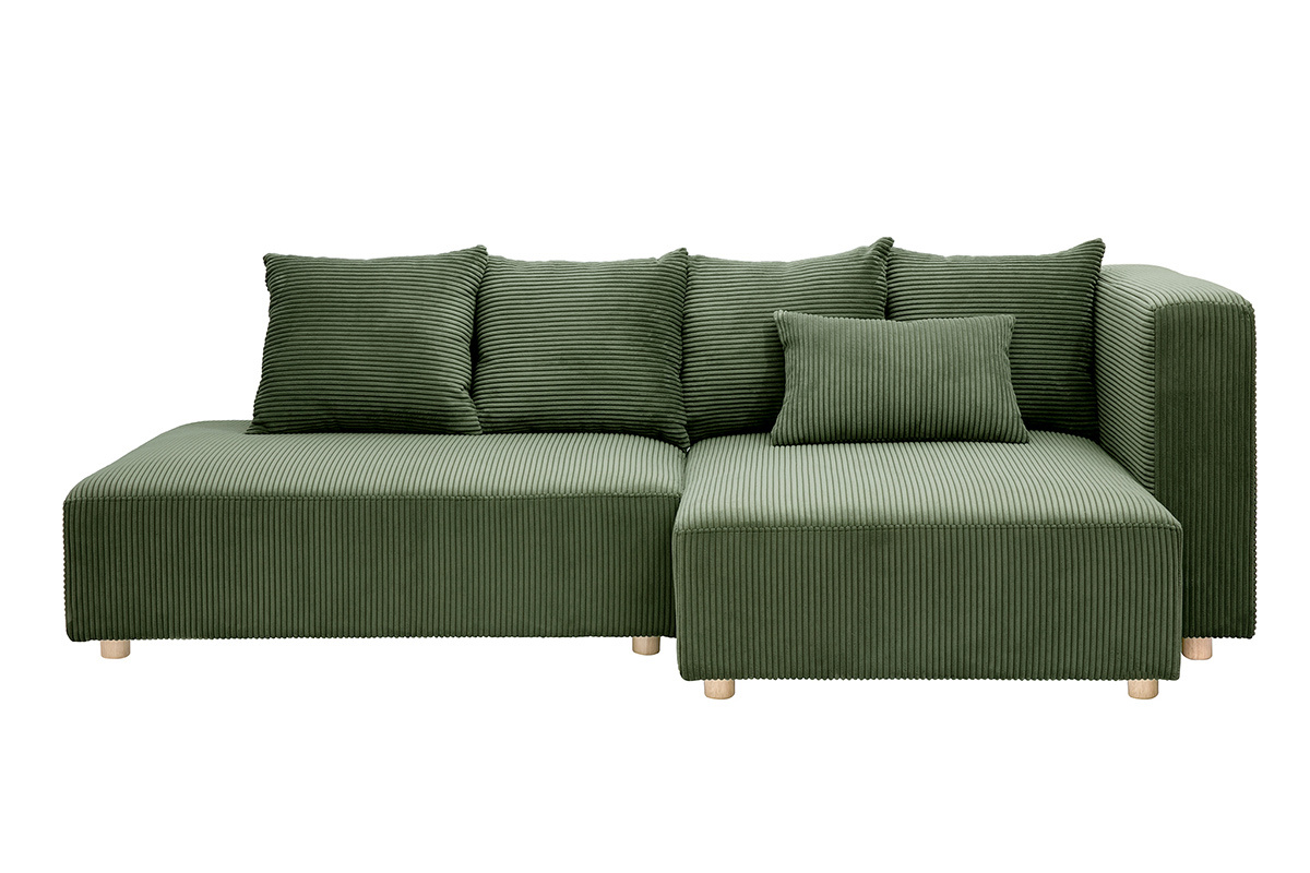 Canap� d'angle droit 3 places en tissu velours c�tel� vert kaki et bois clair HARLEM