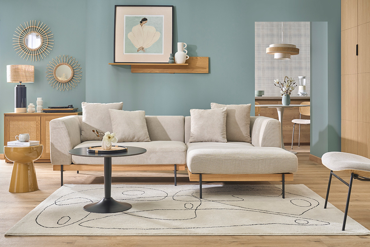 Canap� d'angle droit 4 places en tissu chenille beige et m�tal noir IVAR