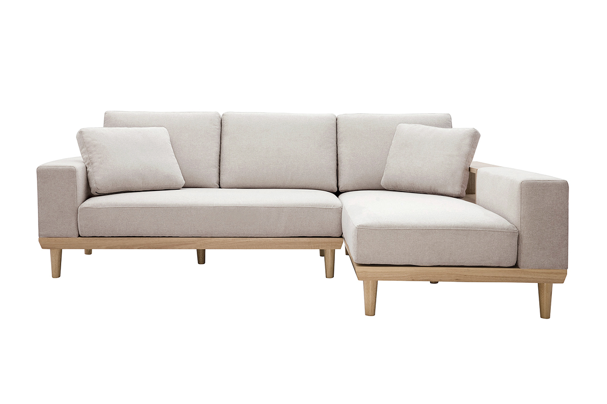 Canap� d'angle droit 5 places avec rangements en tissu effet velours textur� beige et bois clair KOMAO