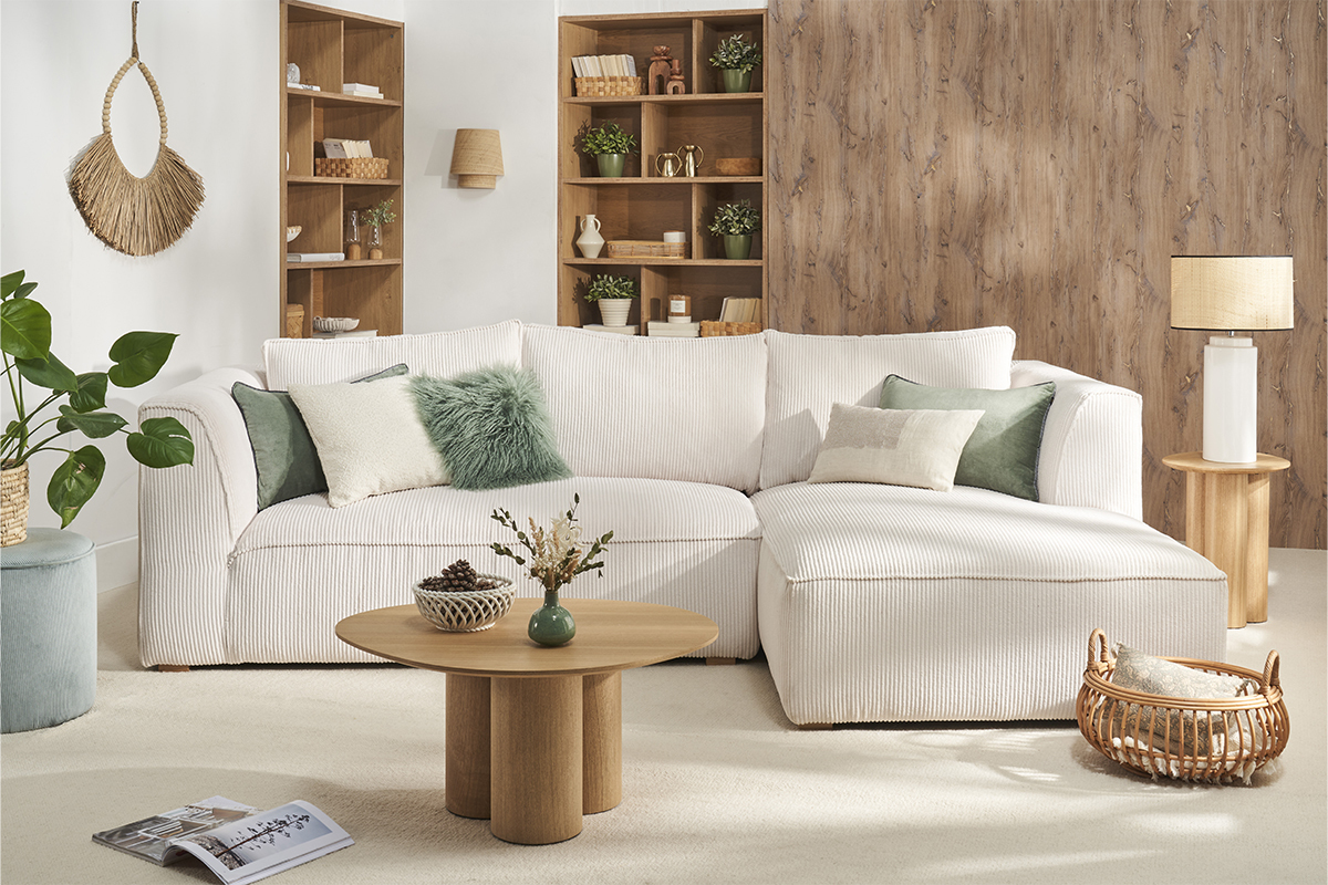 Canap� d'angle droit design en tissu velours c�tel� �cru 3-4 places PANAM