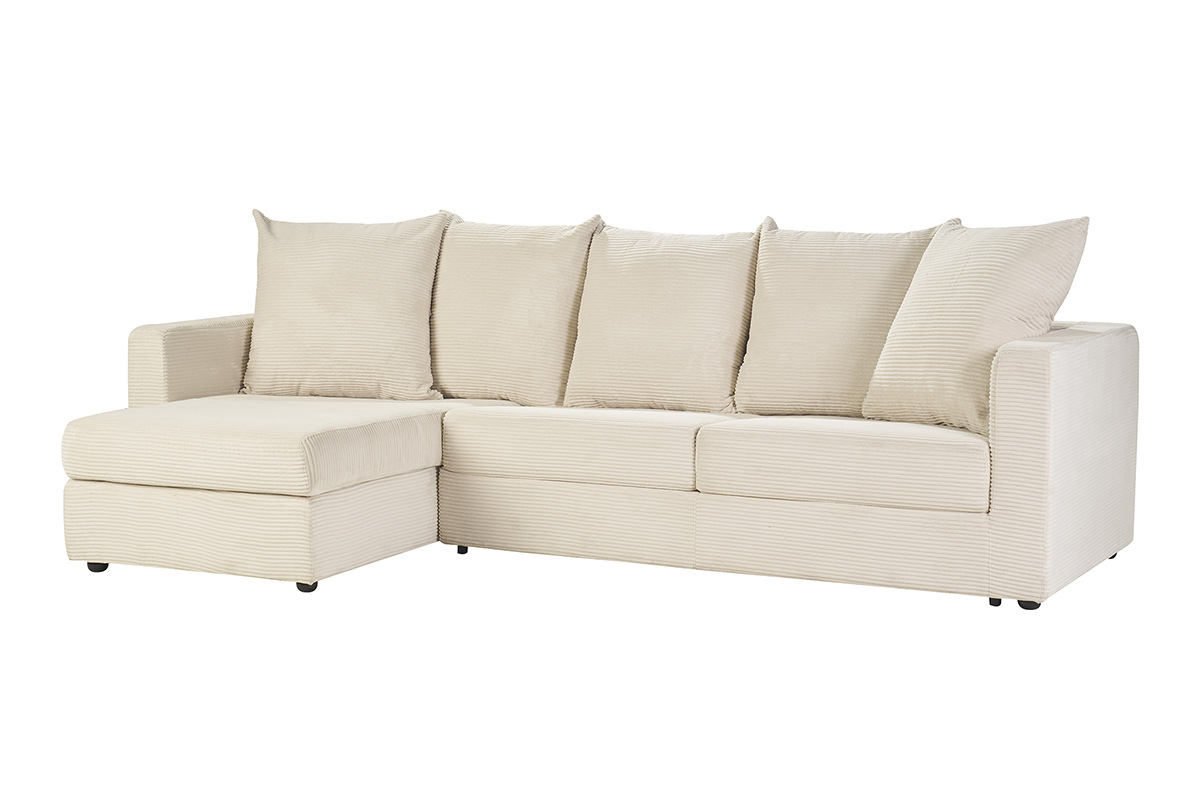Canap� d'angle gauche convertible 4 places en velours c�tel� beige, vue de trois quarts.
