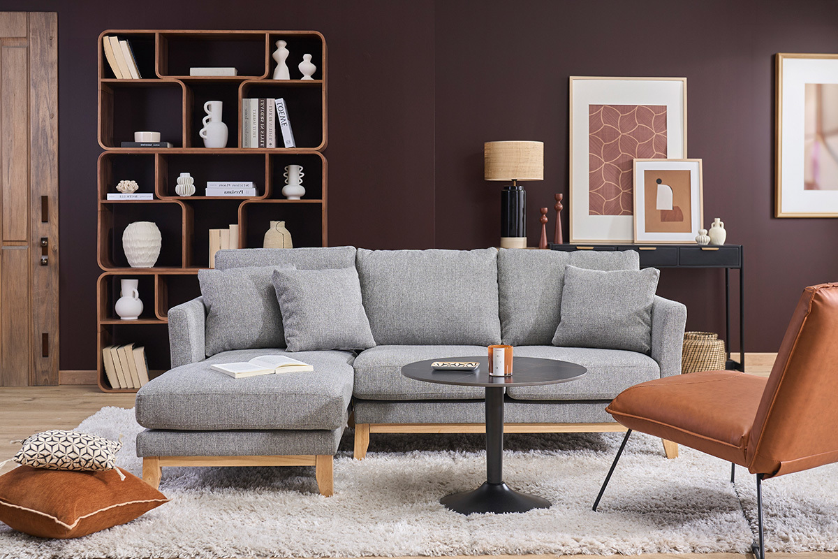 Canap� d'angle gauche d�houssable scandinave 3-4 places en tissu gris clair et bois clair OSLO