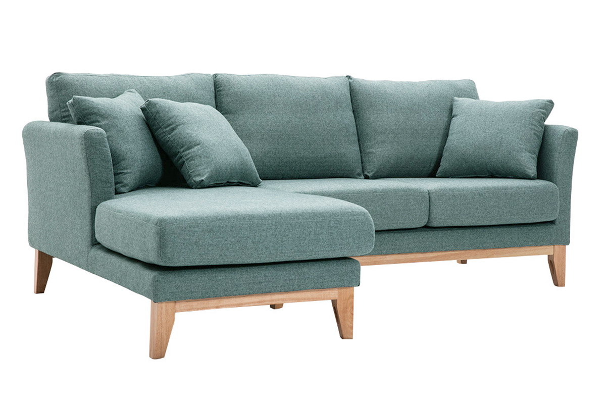 Canap� d'angle gauche d�houssable scandinave en tissu vert de gris et bois clair 3-4 places OSLO