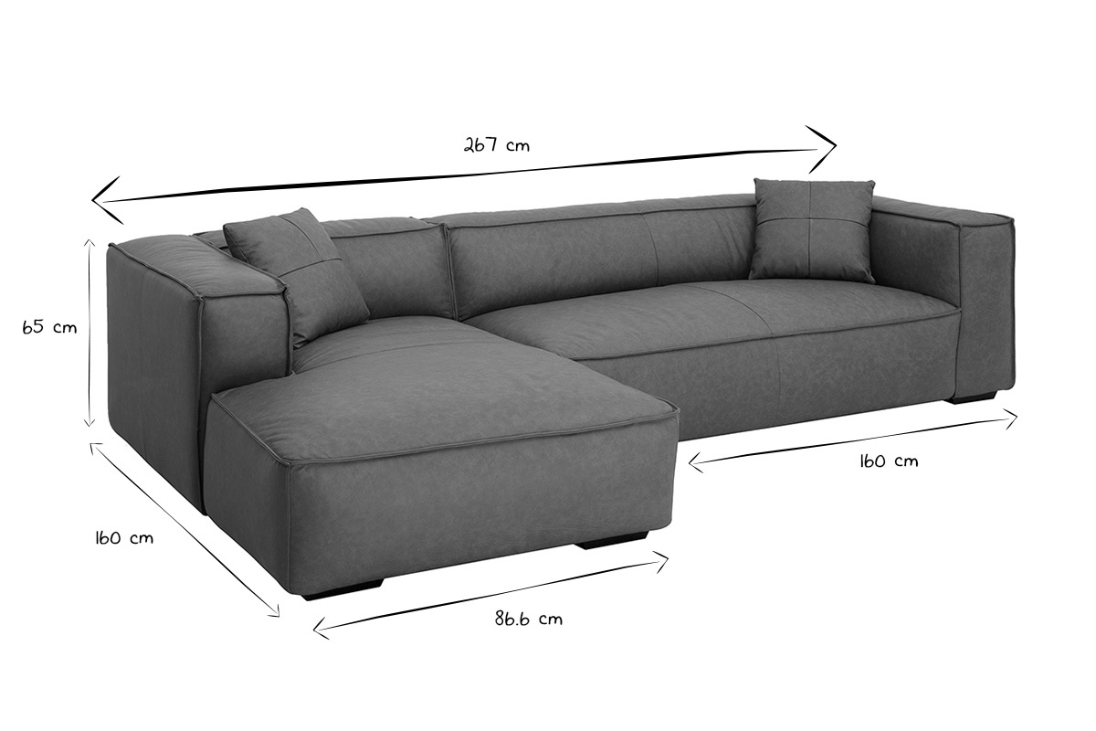 Dimensions du canap� d'angle gauche 4-5 places en noir et blanc avec mesures indiqu�es.